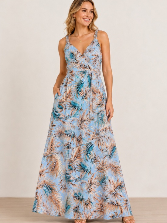 Sam Edelman Dresses & Skirts - Sam Edelman Blue & Tan Tropical Print Maxi Dress